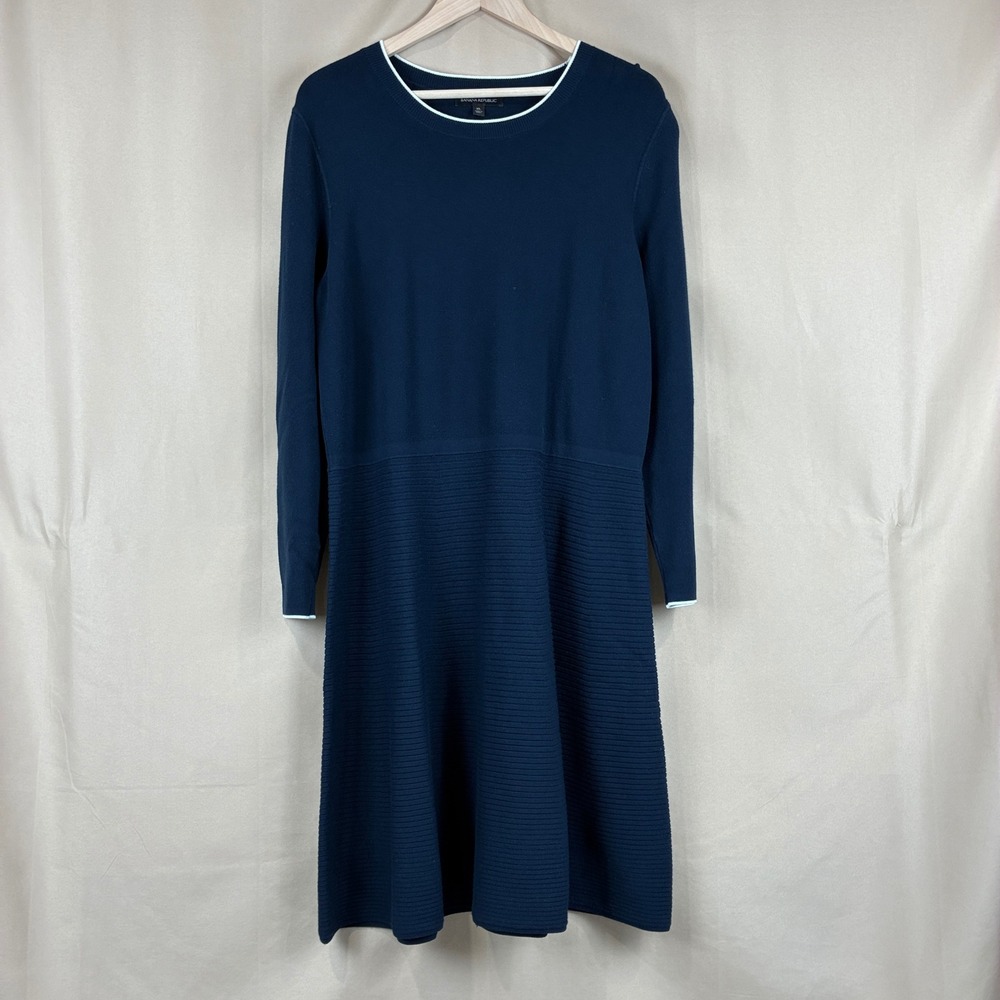 Banana Republic Womens Dress XL Knit Navy Blue Long Sleeve Fit Flare Midi Ribbed - Picture 2 of 16